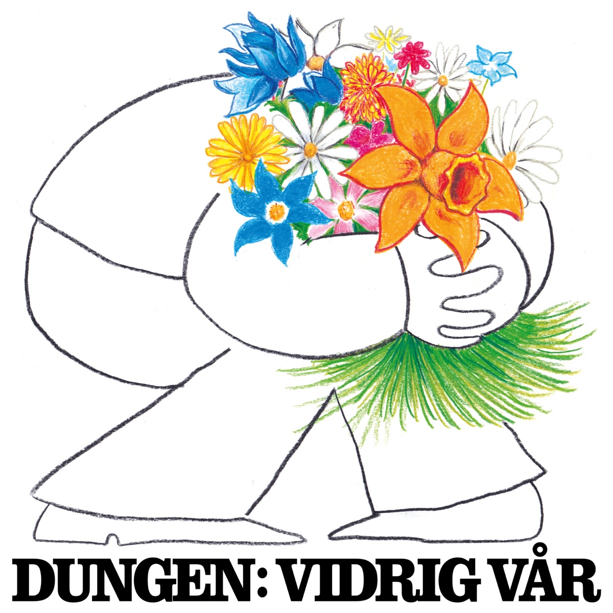 Dungen — Vidrig Vår album cover: a figure carrying a huge bouquet of wildflowers, with “DUNGEN: VIDRIG VÅR” hand-lettered below.